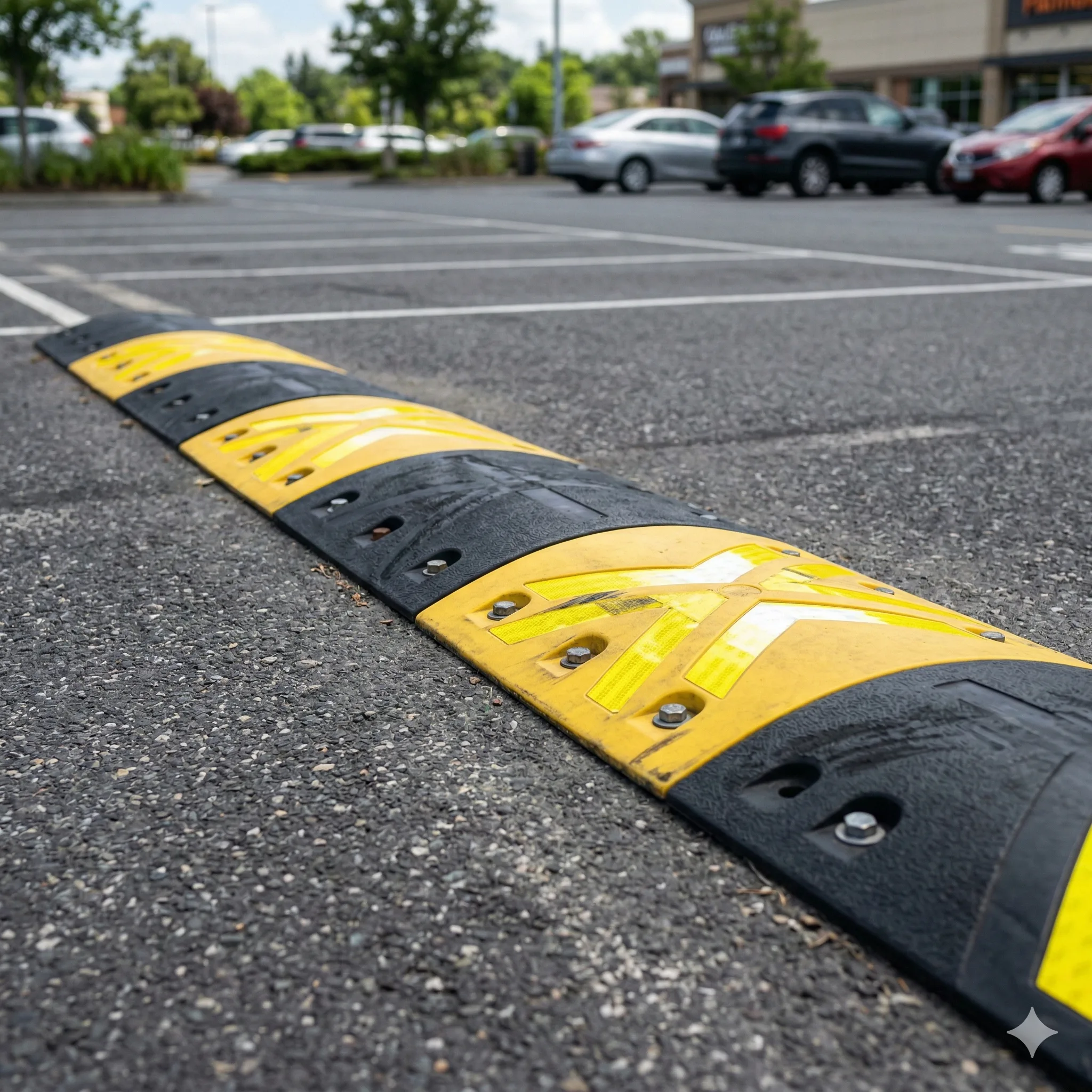 Ralentisseur - Dos d'âne en caoutchouc noir et jaune, haute visibilité.